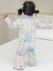 DAZY 2件套女婴休闲条纹领蝴蝶结卡通印花衬衫和裤子睡衣套装 - 米色 - 查看 2