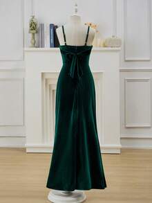 丝绒吊带纯色连衣裙，适合少女穿着，可用于婚礼、舞会、生日派对、圣诞节活动等场合。 - 墨綠色 - 查看 2