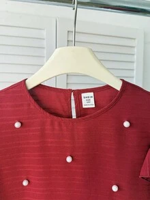 SHEIN Tween Girls' Spring/Summer Casual Beaded Elegant Ruffle Trim Woven Textured Round Neck Blouse, Red Ruffle Sleeve Top Girls Red Teen Girl Shirt Red Blouse For Kids Red Top Kids Little Girl Red Top - Red - View 4