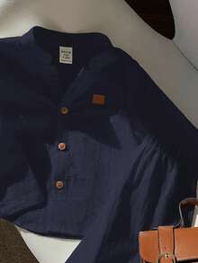 2 Peças Conjunto Básico Casual para Bebê Menino/Menina, Camisa de Manga Longa Branca com Gola Mandarim e Calça de Cintura Elástica, Adequado para Outono, Primavera, Verão, Ideal para Festa de Aniversário, Festa de Ano Novo, Festa da Noite, Apresentação, Casamento, Chá de Bebê, Batizado e Comemoração do 1º Aniversário - Azul Marinho - Visão 9