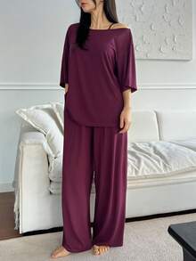DAZY 紫色极简针织单肩家居服套装（女士款） - 紫色 - 查看 6