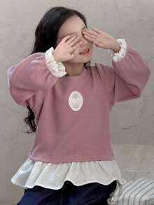 DAZY Sudadera casual de estilo coreano con cuello redondo y parches para niñas jóvenes, de manga larga - Rosa - Ver 1