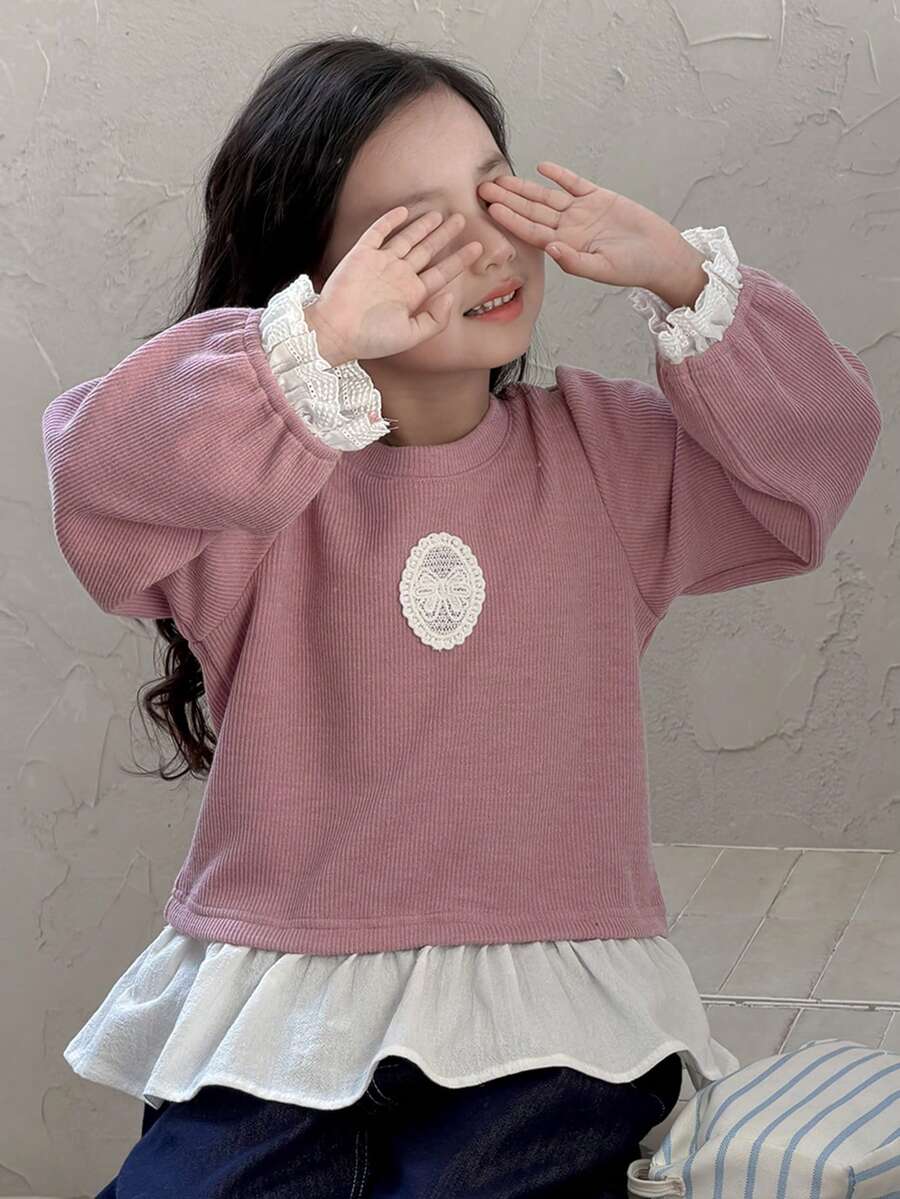 DAZY Sudadera casual de estilo coreano con cuello redondo y parches para niñas jóvenes, de manga larga - Rosa - Ver 1