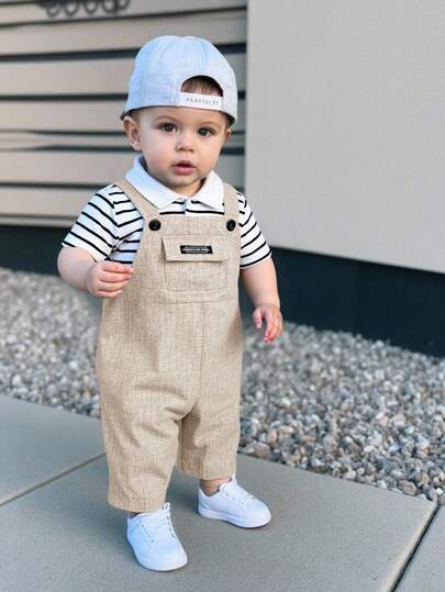 Newborn Baby Boy Cute Casual College Style Gray Bib Jumpsuit, Suitable For Birthday Party, Evening Party, Performance, Wedding, One Month Celebration, Baptism And First Birthday Baby Shower