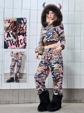 J-Fashion Women's Retro Y2K Baddie Street Camo Logo Graphic Sweatpants