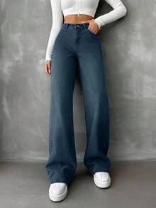 EURMUSE 100%纯棉女士斜插口袋休闲阔腿牛仔裤 - 深色水洗藍 - 查看 5