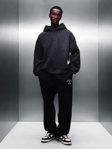 PLAYBOY X SUMWON Men's Oversized Washed Hoodie With Centre Pocket And Drawstring For Fall Winter Casual Streetwear Style - Black - View 7