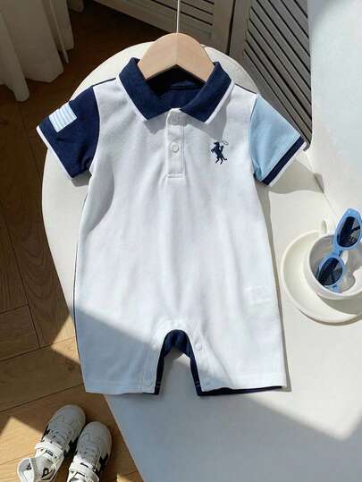0-3 Years Old Baby BoyColorblock Romper, Light Blue & Navy Collar Short Sleeve, Exquisite Polo Embroidery, Suitable For All Seasons, Short Trips, Holidays, Outings, Relaxation, Daily Home, Outdoor Layering, Fit For 3 Months To 24 Months Baby Boys Clothing Baby Boy Polo Romper Baby Boy Summer Romper Baby Boy Clothes Polo