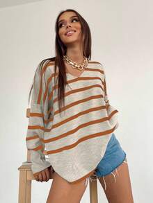 Casual Contrast Color Striped Loose Fit Sweater, Autumn - Orange - View 1