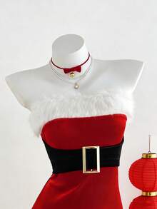 Elamini 1 pezzo Abito mini attillato senza spalline con decorazione fibbia metallica, adatto per Natale, Capodanno, esibizioni, cosplay, abbigliamento sexy da club - Rosso e Bianco - Visualizzare 1