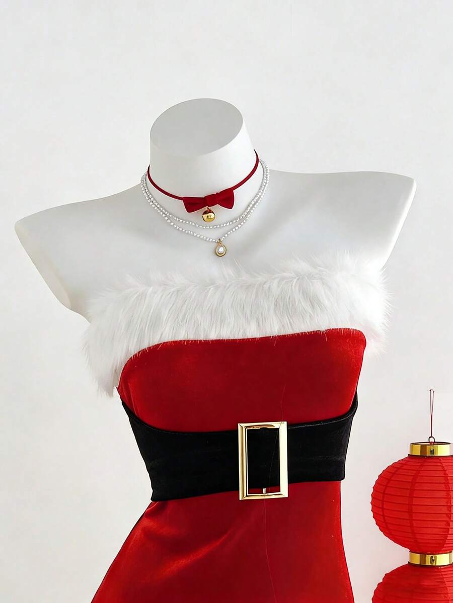 Elamini 1 pezzo Abito mini attillato senza spalline con decorazione fibbia metallica, adatto per Natale, Capodanno, esibizioni, cosplay, abbigliamento sexy da club - Rosso e Bianco - Visualizzare 1