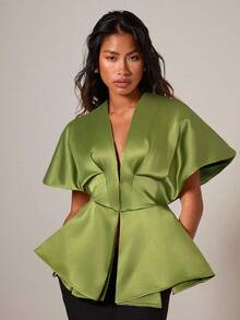 COSMINA Women's Elegant Deep V-Neck Batwing Sleeve Fitted Waist A-Line Short Sleeve Blouse, Versatile For Commuting, Office, Outings, Elegant For Dates, Valentine's Day And Other Occasions, Green Peplum Top, Peplum Top For Women, Green Satin Top, Green For Women - Green - View 1