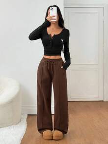 SHEIN PETITE 鹅卵石缝线细节直筒运动裤，适合毕业季、返校季、毕业典礼、教师穿着，女士返校阔腿运动裤，棕色 - 棕色 - 查看 5