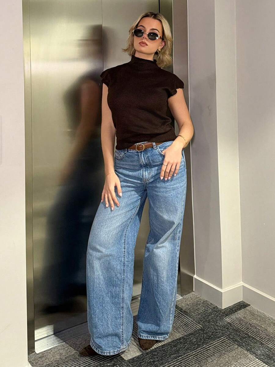 Bethéva 优雅高领宽松休闲百搭无袖针织毛衣背心，秋冬棕色毛衣 - 咖啡棕 - 查看 1