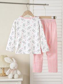 两件套女童长袖套头衫和裤子睡衣套装，针织面料，可爱兔子和格子印花，舒适柔软