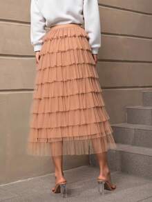 Elegante vestido de medio  de mujer - plisado suelto, apretado arriba y abajo suelto, dobladillo paraguas, adecuado para banquetes de cumpleaños, pasarelas, regalos de cumpleaños, etc. - Color caramelo - Ver 2