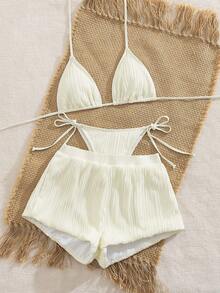 Conjunto de Bikini + Short Alto 3 Piezas Estilo Cancún - Color Crema Plisado, Traje de Baño para Playa Vacacional en México - Beis - Ver 3