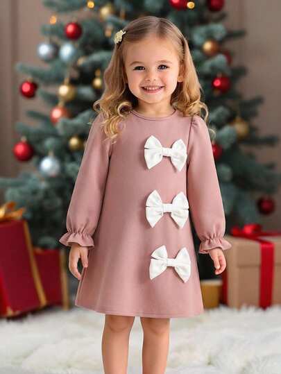 Young Girl Elegant Cute Knitted Bow Long Sleeve Dress, Pink Dress Kids Bows, Dusty Pink Dress Kids, Pink Bow Dress Girls, Girls Dress Winter, Girls Spring Autumn Dress