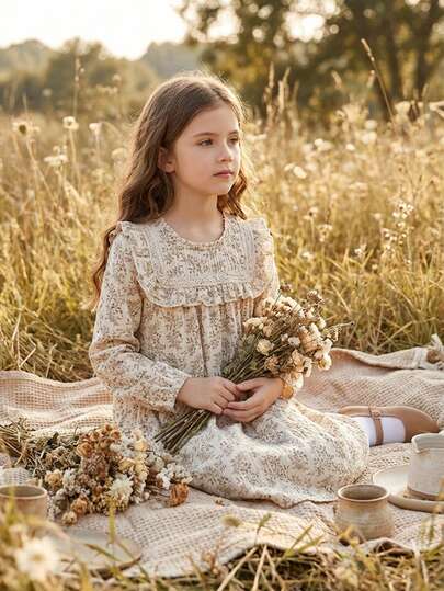 Vintaside Kids Girls' Apricot Floral Print Long Sleeve Shift Dress, Elegant & Refined Fit, Suitable For Outings, Dates, Casual Wear, And Campus/Party Activities