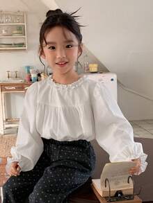 DAZY Young Girl' Cute Ruffle Trim Long Sleeve Blouse, Spring/Summer - White - View 9