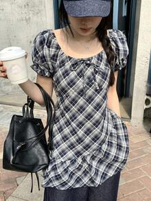 DAZY Women's Plaid Round Neck Casual Short Sleeve Blouse - Black and White - View 7