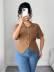 Elenzga 大码时尚优雅短袖不对称下摆衬衫 - 棕色 - 查看 3