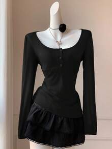 Comfortcana 女士黑色休闲Y2K拼接长袖纽扣T恤，适合春季、感恩节、新年等场合。 - 黑色 - 查看 6