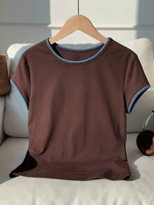 Comfortcana 女士花卉边饰圆领短袖休闲百搭T恤