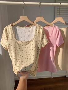 Comfortcana 3pcs/Set Women's Basic Crew Neck Short Sleeve T-Shirts,Coffee Brown & Pink,Beige,Summmer,Elegant,Everyday,Y2k Casual Cute Tops For Spring Vacation - Multicolor - View 6