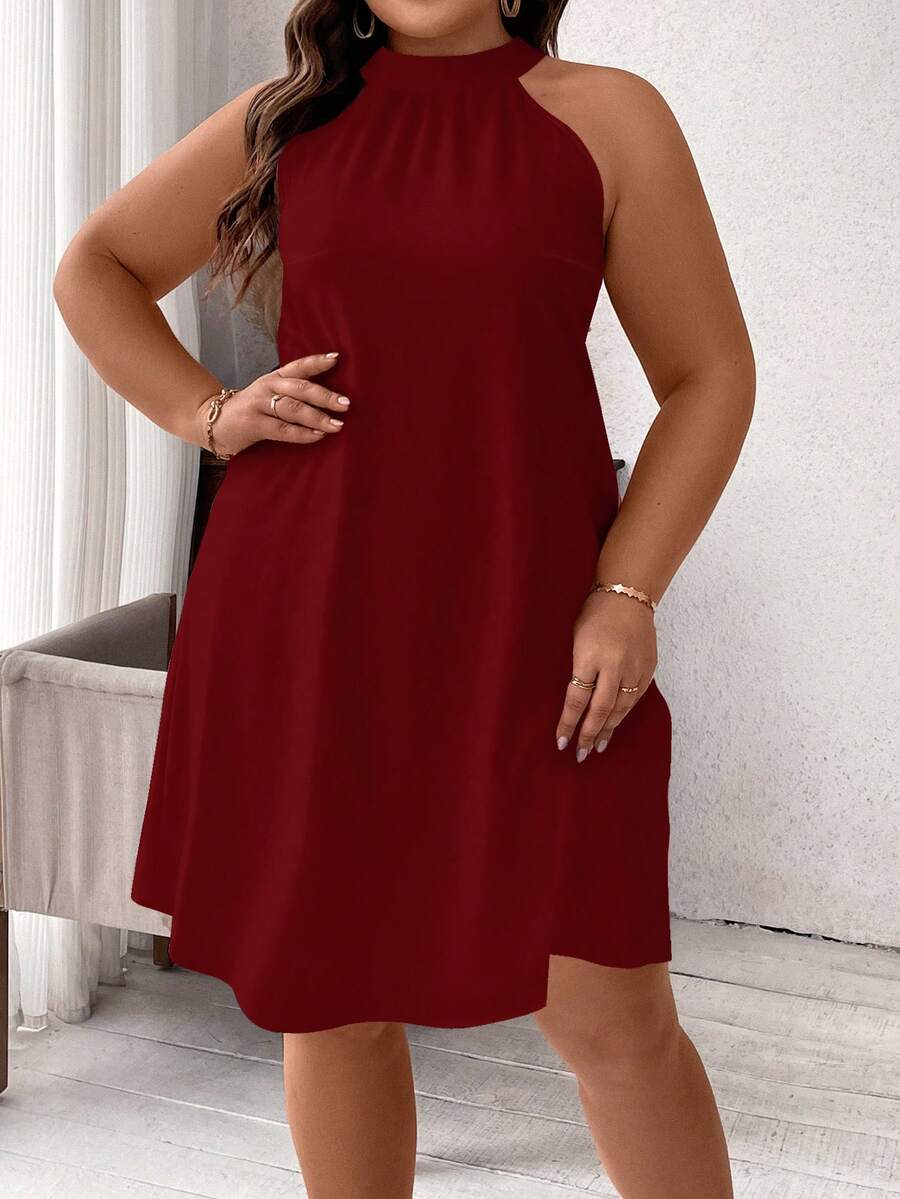 EMERY ROSE Elegant & Romantic Solid Wine Red Plus Size Women's Dress, Suitable For Summer, Spring/Summer, Party, New Year, Valentine's Date Spring,Vacation - Red - View 1