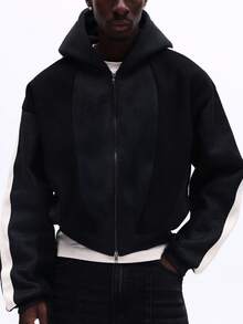 SUMWON 男士休闲黑色拉链连帽衫，白色侧条纹，宽松版型，拼接设计，纯色 - 黑色 - 查看 5