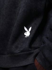 PLAYBOY X SUMWON Men's Oversized Washed Hoodie With Centre Pocket And Drawstring For Fall Winter Casual Streetwear Style - Black - View 5