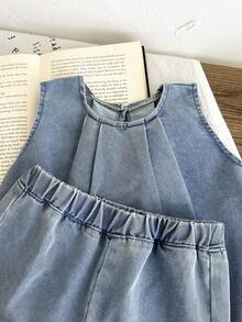 SHEIN LMoss Kids 2件套少女镂空刺绣花卉图案蓝色牛仔宽松背心和裤子套装 - 淺色水洗藍 - 查看 8