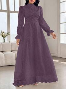 Modelyn Plus Size Women French Style Mandarin Collar Embroidered Puff Sleeve Dress Fall - Purple - View 6