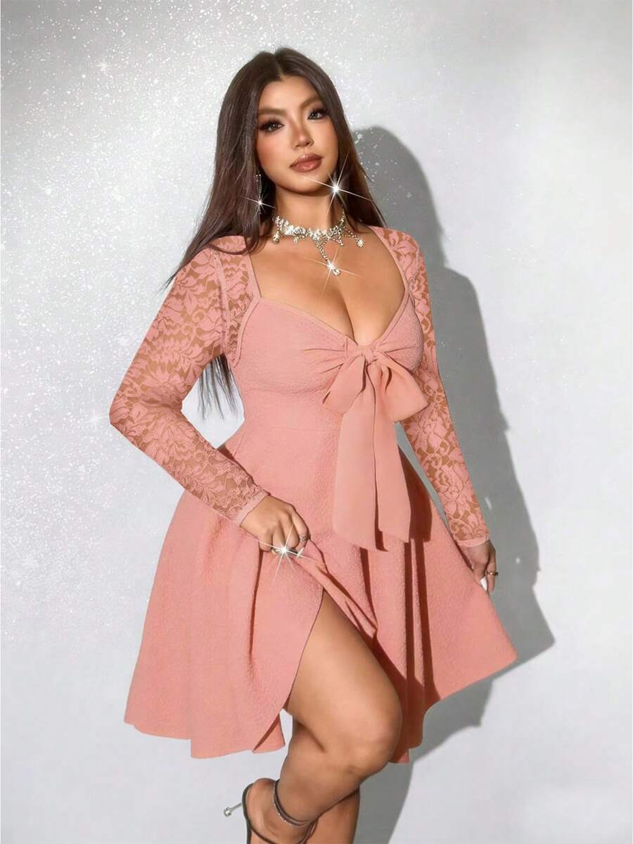 Viva Relle Đầm dài tay thanh lịch, gợi cảm phối ren, buộc dây dành cho nữ cỡ lớn, thích hợp cho mùa thu. - Hồng - Xem 1