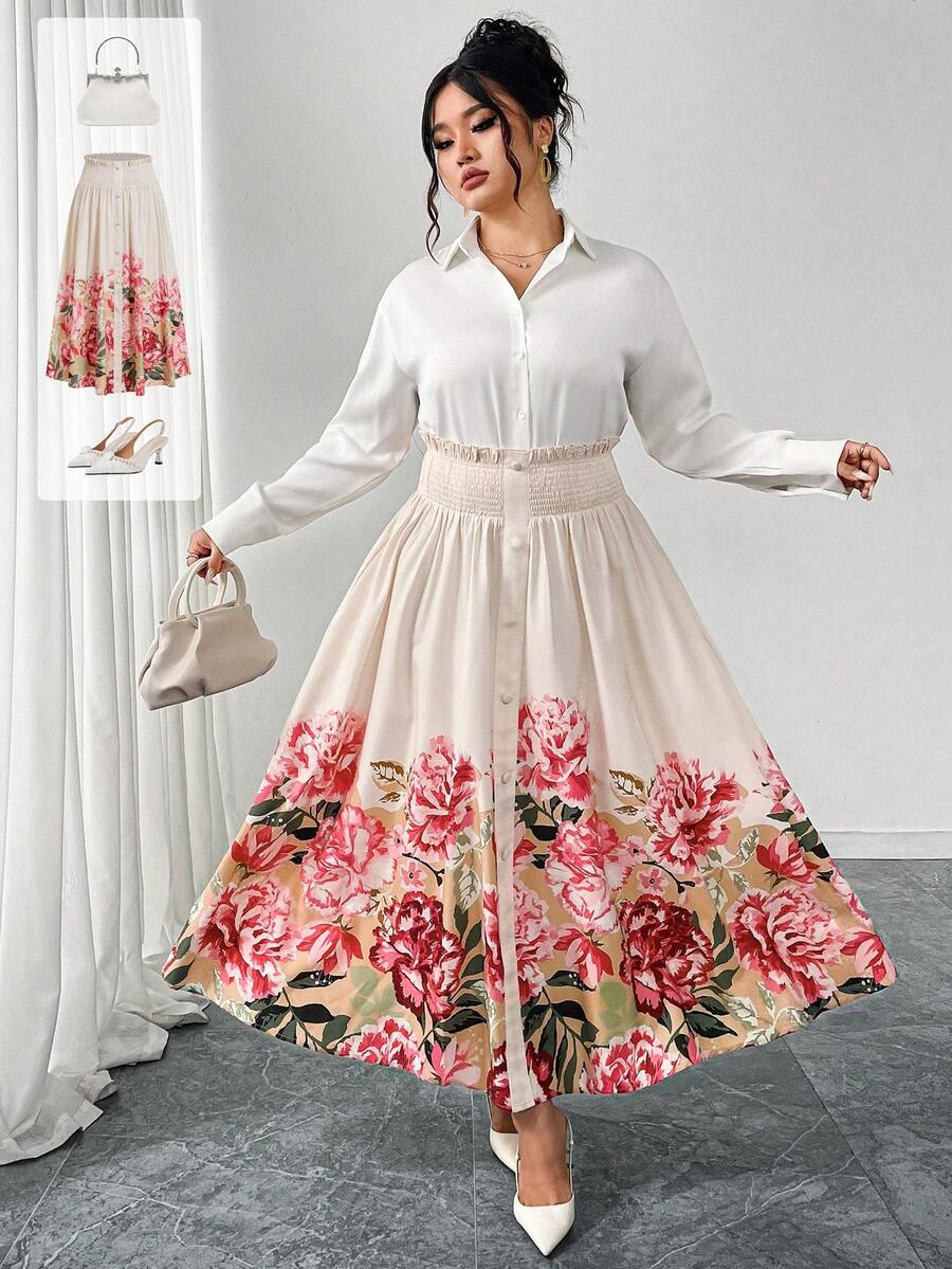 Ellevyn 情人节加大码女士优雅印花A字裙，腰部松紧修身，浪漫花卉长裙，春夏度假浪漫日常外出裙，春假必备 - 彩色 - 查看 1