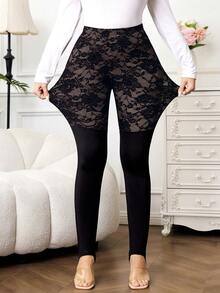 SHEIN Clasi Plus Size Women's High Elastic Knit Lace Contrast Color Waist Casual Leggings,Comfortable Warm Winter Black Summer Smart Casual Everyday 2025 New - Black - View 7