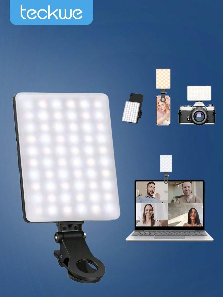 Teckwe Lampu Klip Isi Ulang Daya Tinggi 60 LED untuk Konferensi Video dengan Klip Depan & Belakang, 3 Mode Cahaya yang Dapat Disesuaikan untuk Ponsel, Kompatibel dengan iPhone, Android, iPad, Laptop, untuk Riasan, Selfie, Vlog, Cocok untuk Selfie dan Siaran Langsung, Lampu Selfie Portabel - Hitam dan Putih - View 1