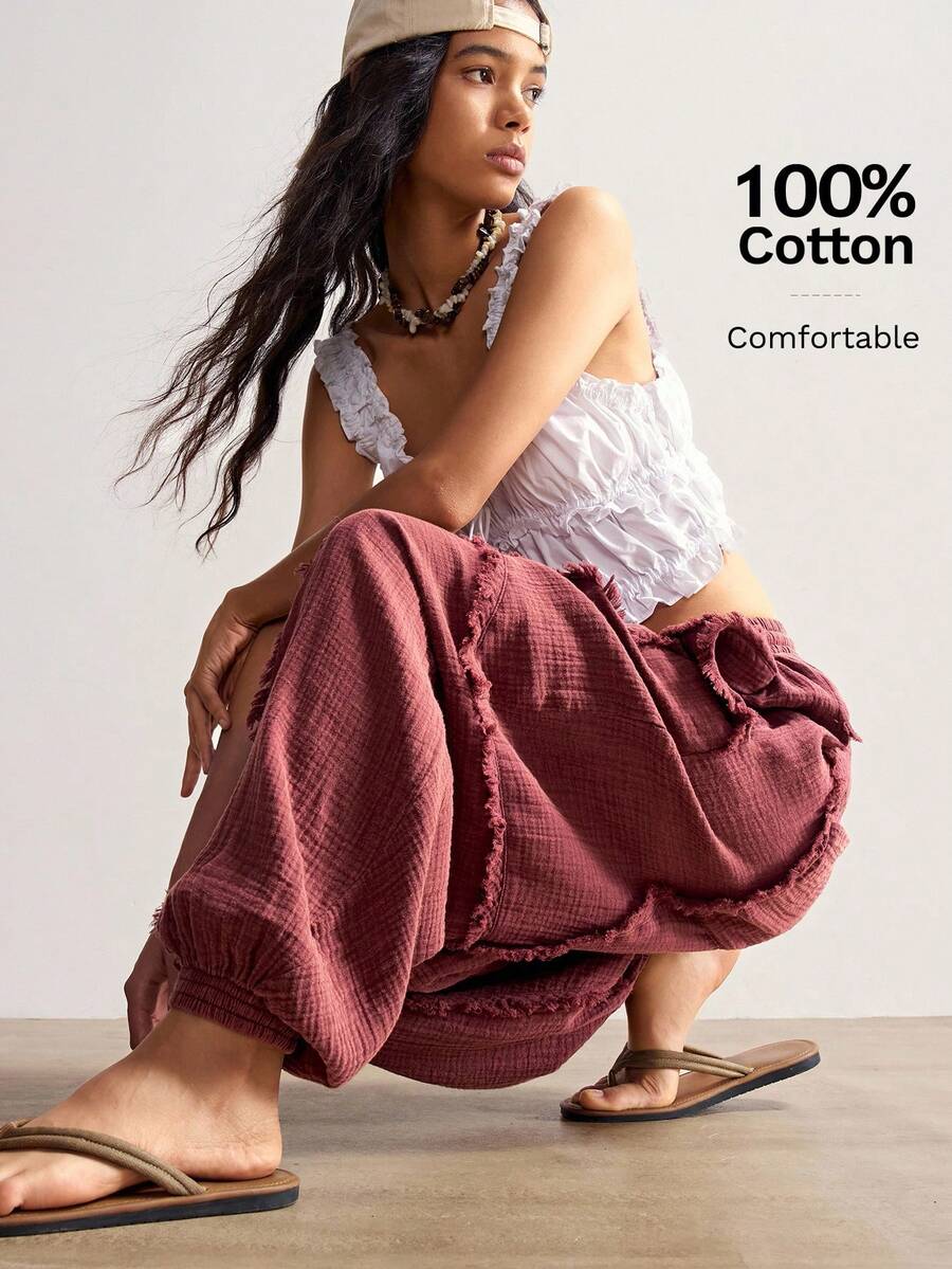 Bohemela Quần nữ dáng rộng, màu trơn, phong cách Boho thường ngày, chất liệu dệt kim. - Màu nâu  Mocha - Xem 1
