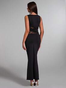 ATUI Studio Women's Black Elegant Lace Stitching Sincere Long Dress,Elegant Women Dresses,Party Women Outfits,New Years Women Dress,Black Women Dresses,New Years Women Outfit,New Year Party Dress - Black - View 2