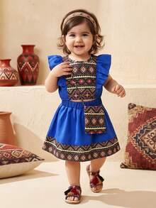 SHEIN 2pcs/Set Baby Girls' Blue Summer Outfit,Cute Middle Eastern Style Floral Print Top Ruffled Collar & Skirt With Shoulder Accessory,Boho Vacation Dress - Blue - View 1