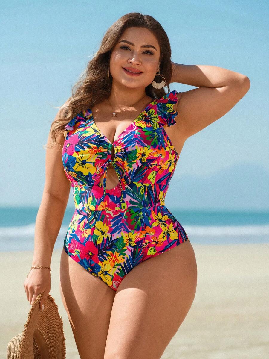 Swim Lushoire 大码女式印花荷叶边吊带系带连体泳衣 - 彩色 - 查看 1