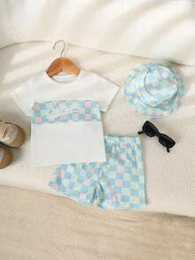 SHEIN Playful Pals 3pcs Baby Boy Toddler Infant Kids Cute Fashion Casual White Pastel Blue Pink Green Checkered Checkerboard Plaid Pattern Letter Print Graphic Short Sleeve Round Neck T-Shirt Tops And Elastic Waist Shorts Bottoms Two Piece Outfit Sets Soft Clothes For Daily Wear Beach Vacation Holiday Summer Spring Toddler Checkered Outfit Gingham Toddler Summer Wear For Boys Baby Boy Checkered Outfit Toddler Summer Clothes Boy - Blue and White - View 5