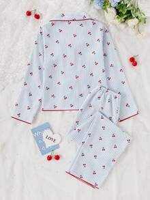 Genkimix Kids School Girl Pajamas - Cute Cherry Print Long Pants And Cardigan 2 Pieces Casual Loungewear Set For Tween Girls Cherry Pajama Set - Multicolor - View 2