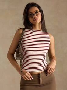 SHEIN BAE Women's Striped Fitted Casual Vacation Tank Top - Red - View 4