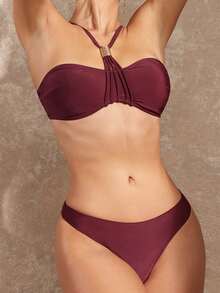 Lumalex Women's Burgundy Bandeau Bikini Set,Adjustable Halter Strap Gold Hardware Sculpting Fit,Luxury Elegant Summer Beach Holiday Resort Swimwear Outfits - Multicolor - View 4