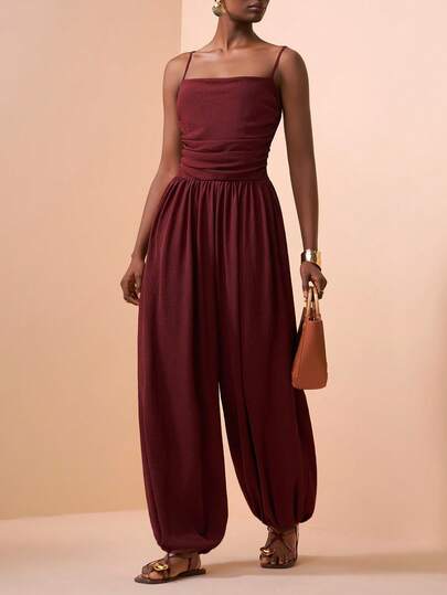 Zivah 2026 Spring/Summer New Arrivals Casual Red Bubble Hem Cami Jumpsuit, Suitable For Vacations, Travel, Parties, Gatherings, Wedding Guest Attire, Cruises, Evenings, Beach Sunbathing, Nighttime Outings, Brunch, Shopping, Valentine's Day, Formal Occasions, Dinner Parties, Music Festival, Birthday Party, Casual, Everyday Wear.