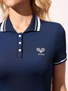 Gameset SHEIN Sport 女士字母球拍印花 Polo 领褶裥下摆运动连衣裙套装 - 藏蓝色 - 查看 7