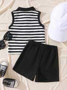 SHEIN 2pcs/Set Baby Boys Casual Fashion Simple Letter Patched Detail Practical Striped Trim Ribbed Sleeveless Polo Collar Gray Knit Tank Top & Knit Shorts Set, Suitable For Summer Home Casual, Outdoor Sports And Daily Wear,Kid Clothes,Toddler Clothes, Baby Outfit, Infant Baby Boys Outfits, Baby Polo Shirt,Toddler Vest,Toddler Short ,Baby Set,3M-3T - Black and White - View 2
