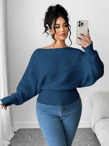 Elenzga Plus Size Batwing Sleeve Drawstring Asymmetrical Knitted Sweater, Thick White Pullover Top For Winter - Royal Blue - View 6